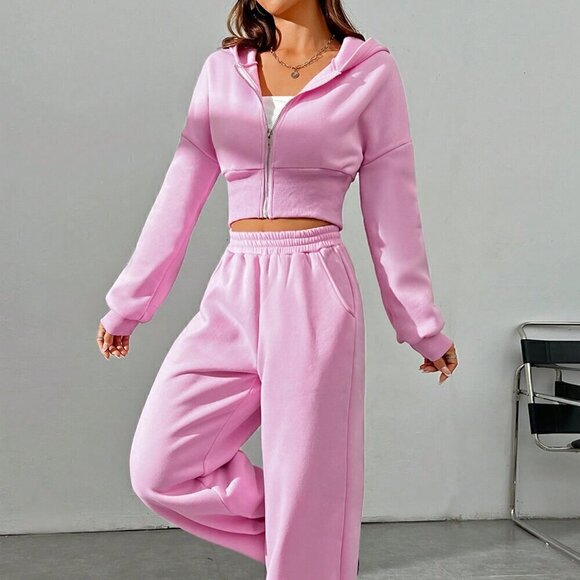 Pink Casual Women's Spring Zip Front Hooded Sweatshirt And Pants Set - Picture 7 of 7